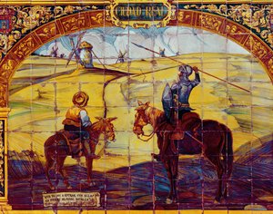 Tegels die Don Quichot en Sancho Panza weergeven die zich voorbereiden om de windmolens aan te vallen (keramiek)