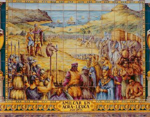 Tegels die de ontscheping van Hamilcar en zijn zoon Hannibal bij Akra Leuce tijdens de Eerste Punische Oorlog (264-241 v.Chr.) weergeven (keramiek) door Spanish School