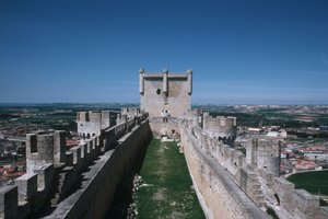 Uitzicht op de kasteelmuren en donjon door Spanish School