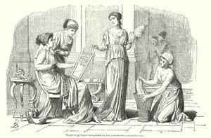 Vrouwen die huishoudelijke taken uitvoeren in het oude Griekenland