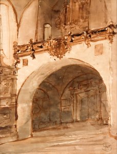 Interieur van een kerk. Uitzicht op de vestibule en het koor door Stanisław Noakowski