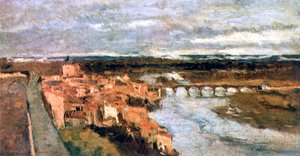 Landschap met dorp en brug, ca. 1855-1892 door Stanislas Lepine