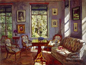 De zitkamer in het landhuis Rozhdestveno, 1916 door Stanislav Julianovic Zukovskij