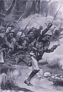 Britse aanval op de Ashantis bij Amoaful, 31 januari 1874, illustratie uit British Battles on Land and Sea, 1915 door Stanley L. Wood