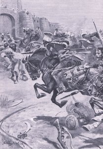 De 16e Lancers en Skinners Horse drijven de Jats naar Bharatpur; december 1825, illustratie uit Britse gevechten op land en zee, 1915 door Stanley L. Wood