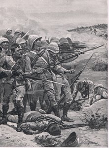 Het plein bij ABU-Kru, 19 januari 1885, illustratie uit British Battles on Land and Sea, 1915 door Stanley L. Wood