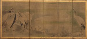 Kraanvogels en chrysanten, Momoyama of Edo periode door Sôtatsu