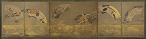 Zes waaiervellen: diverse onderwerpen, Momoyama of Edo periode, 1590-1640 door Sôtatsu