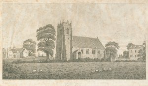 Adbaston Kerk: lijn- en stipgravure, ca. 1800 door Stebbing Shaw