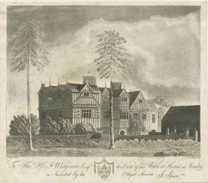 Bushbury - Moseley Oud Hall (aquatint gravure) door Stebbing Shaw