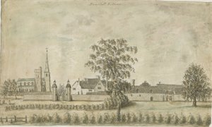 Hamstall Ridware - Kerk en landhuis: aquarel schilderij, nd [1762-1802] door Stebbing Shaw