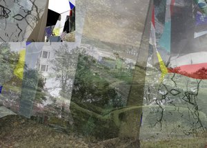 Surrealistisch gelaagd stadsgezicht