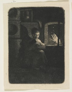 Jong meisje dat leest bij een vuur door Stefan Juliusz Norblin de la Gourdaine