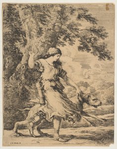 Een nimf houdt een grote hond bij zijn halsband, ca. 1654