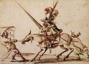Een dappere dwerg op een onrustige muilezel die naar een toernooi wordt getrokken door twee andere dwergen door Stefano della Bella