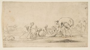Een visser brengt zijn netten binnen, een man links duwt een baal naar rechts, twee zitt..., ca. 1662 door Stefano della Bella