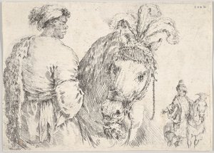 Een man links in profiel die een handvol hooi geeft aan een paard in het midden, een ruiter..., ca. 1662