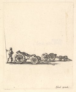 Een mortier en een kanon, beide gemonteerd op wagens, een soldaat van achteren gezien, ca. 1638-43