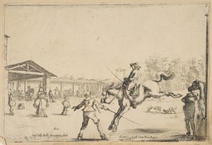 Een rijschool, een ruiter met zwaard springt