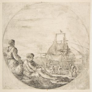 Een zittende witte matroos en een staande zwarte matroos, mensen bouwen een schip op de achtergrond..., ca. 1660 door Stefano della Bella