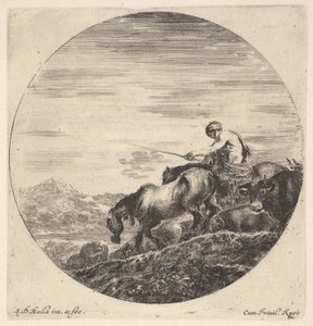 Een herder rechts, naar links gericht, die een groep dieren bergafwaarts drijft... door Stefano della Bella