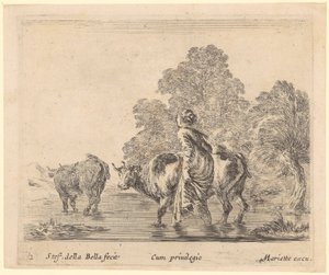 Boerin steekt met twee koeien een rivier over door Stefano della Bella