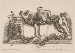 Cartouche met een Leeg Schild Bekroond door een Leeuw en Omgeven door een Leeuw en een Kind, 1646 door Stefano della Bella