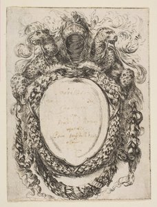 Cartouche gekroond door helm en luipaarden, 1647 door Stefano della Bella