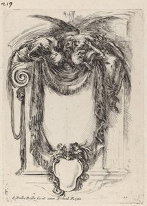 Cartouche opgehangen aan lijken door Stefano della Bella
