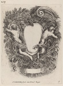 Cartouche met Apollo en Pan door Stefano della Bella