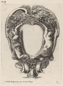 Cartouche met twee nimfen die in bomen zijn veranderd door Stefano della Bella