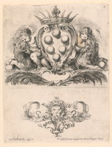 Wapen van de Groothertog van Toscane: Ornament met een Leeuwenmasker, Nr. 6 uit "Raccolta di varii cappriccii et nove inventioni di cartelle et ornamenti" door Stefano della Bella