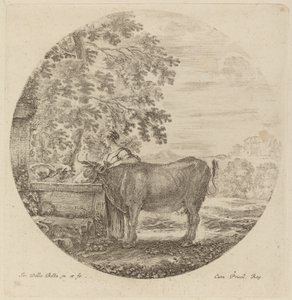 Koe en jonge herder bij een fontein