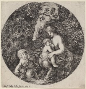 Vrouwelijke sater die een kind voedt in een bosrijk landschap door Stefano della Bella