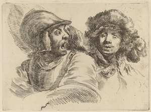 Geschrokken soldaat en man met bontmuts door Stefano della Bella