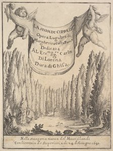 Frontispice voor Het cipressenbos La selva di cipressi: twee putti houden een wandtapijt vast, 1640 door Stefano della Bella