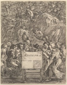 Frontispice voor De Werken van Scarron, de dichter zittend in een stoel, 1649 door Stefano della Bella