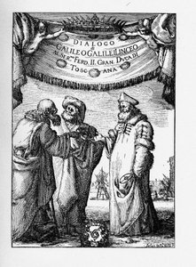 Frontispice van de Dialoog over de Twee Belangrijkste Wereldsystemen door Galileo Galilei, 1632 door Stefano della Bella