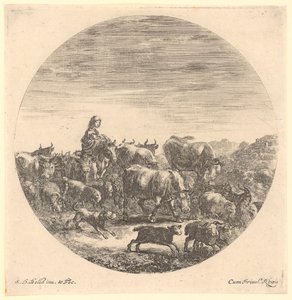 Herderin te paard met een kudde koeien en schapen, blad 5 uit de serie „Zes dierenmotieven in ronde voorstelling“ door Stefano della Bella