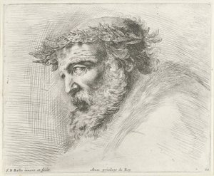 Hoofd van een oude man met baard en laurierkrans, in profiel naar links door Stefano della Bella