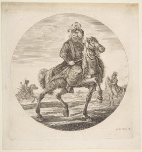 Hongaarse ruiter rijdt naar rechts, andere ruiters op de achtergrond, een circu..., ca. 1651 door Stefano della Bella