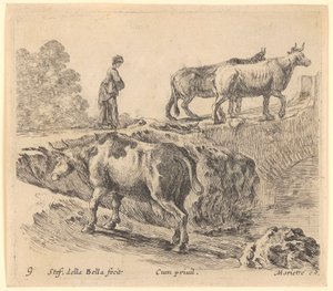 Koe gaat een heuvel op, op de achtergrond betreedt een boerin met twee koeien een brug door Stefano della Bella