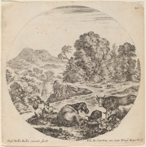 Landschap met dieren en twee zittende herders