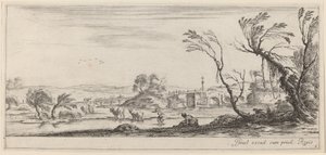 Landschap met boer die zich voorbereidt om een stroom over te steken, in of voor 1647 door Stefano della Bella