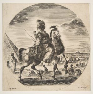 Moorse ruiter in profiel naar rechts, op de achtergrond een piramide links, veel figuren door Stefano della Bella
