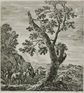 Bereden boerin met een kind in haar armen, plaat zes uit De zes grote uitzichten van Rome en de Campagna door Stefano della Bella
