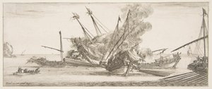 Zeeslag, een schip in het midden, gezien van achteren, vuurt op vier vijandelijke schepen, ca. 1641 door Stefano della Bella