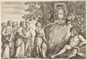 Ornamentontwerp voor een scriptie, het Strozzi-wapen bovenaan door Stefano della Bella