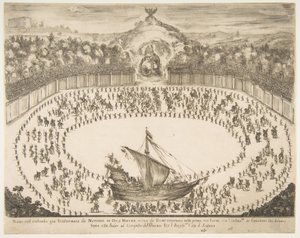 Paradewagen in de vorm van een schip, wapen van de Groothertog van Modena bovenaan, 1652