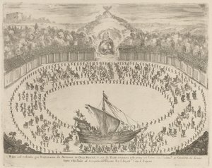 Parade met een wagen in de vorm van een schip